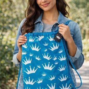 Blue Crown Print Drawstring Bag